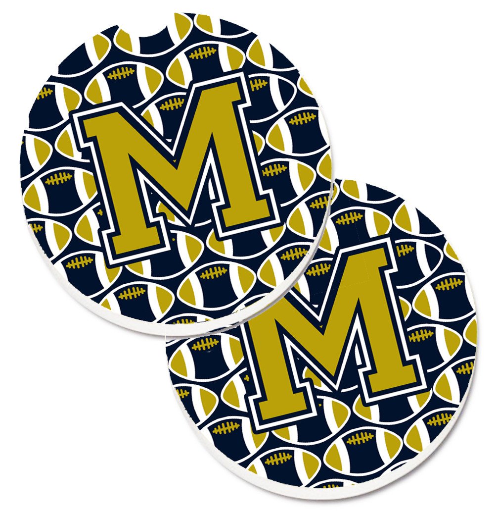 Letter M Football Blue and Gold Set of 2 Cup Holder Car Coasters CJ1074-MCARC by Caroline&#39;s Treasures