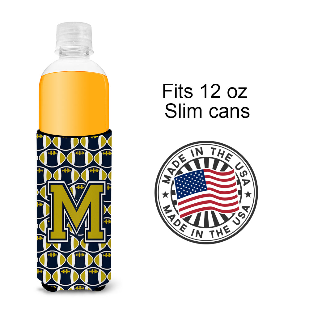 Letter M Football Blue and Gold Ultra Beverage Insulators for slim cans CJ1074-MMUK.