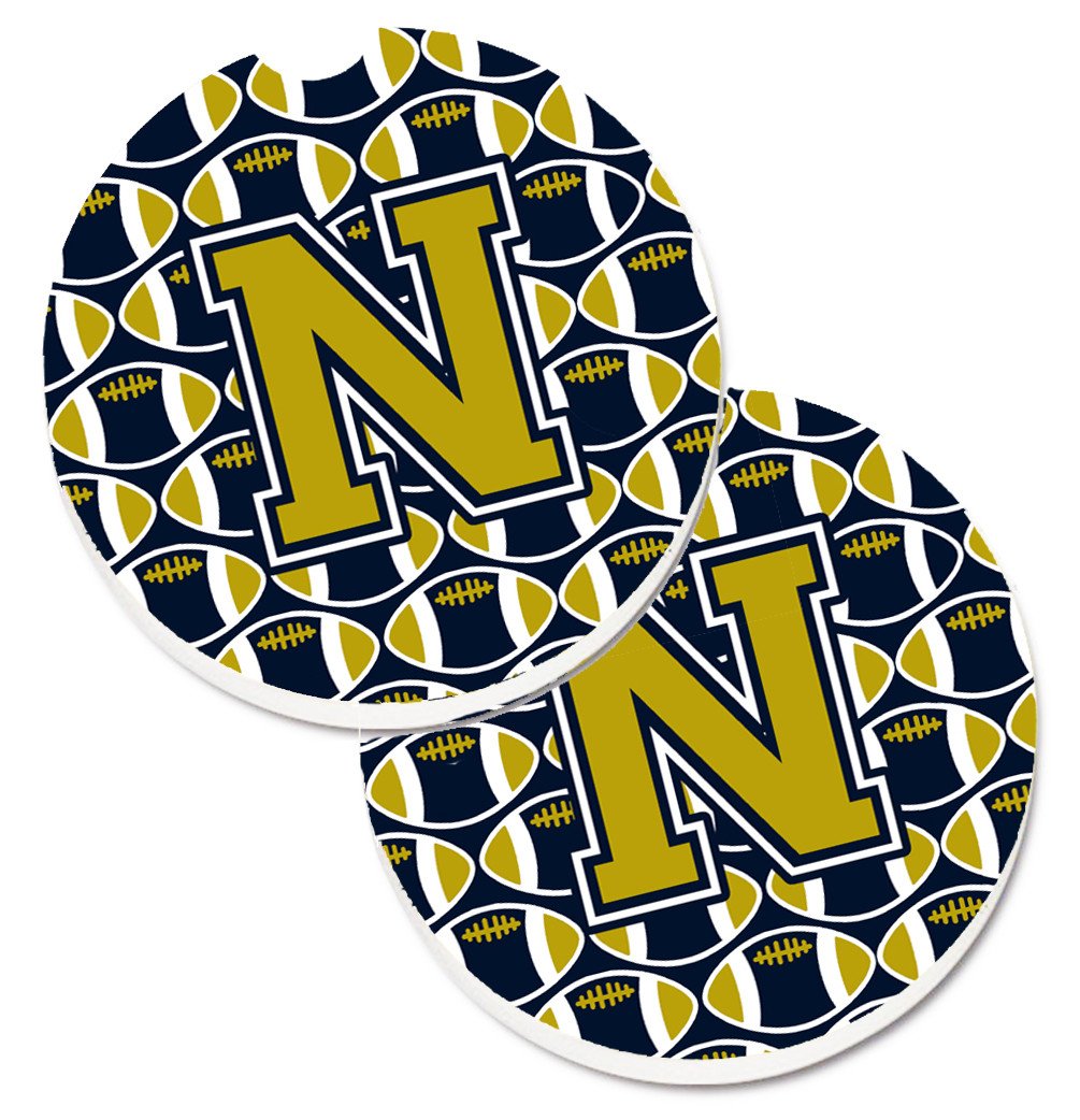 Letter N Football Blue and Gold Set of 2 Cup Holder Car Coasters CJ1074-NCARC by Caroline&#39;s Treasures