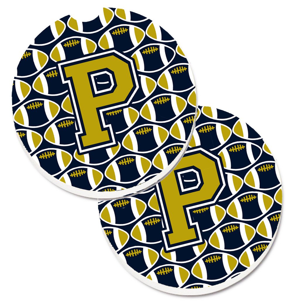 Letter P Football Blue and Gold Set of 2 Cup Holder Car Coasters CJ1074-PCARC by Caroline&#39;s Treasures