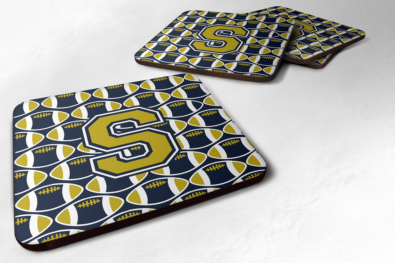 Letter S Football Blue and Gold Foam Coaster Set of 4 CJ1074-SFC - the-store.com