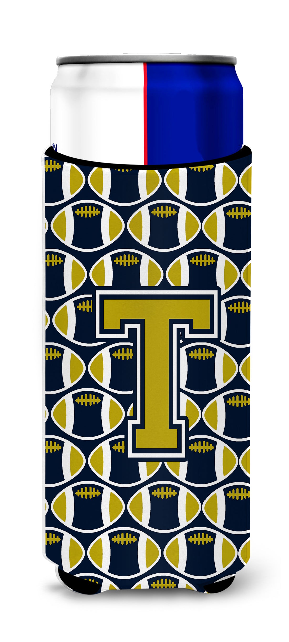 Letter T Football Blue and Gold Ultra Beverage Insulators for slim cans CJ1074-TMUK.