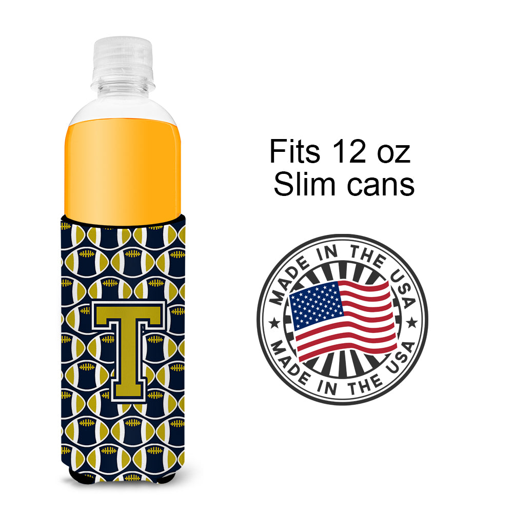 Letter T Football Blue and Gold Ultra Beverage Insulators for slim cans CJ1074-TMUK