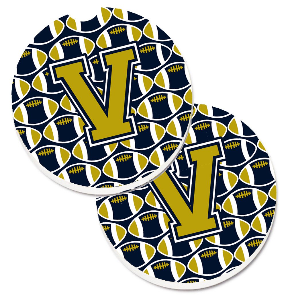 Letter V Football Blue and Gold Set of 2 Cup Holder Car Coasters CJ1074-VCARC by Caroline&#39;s Treasures