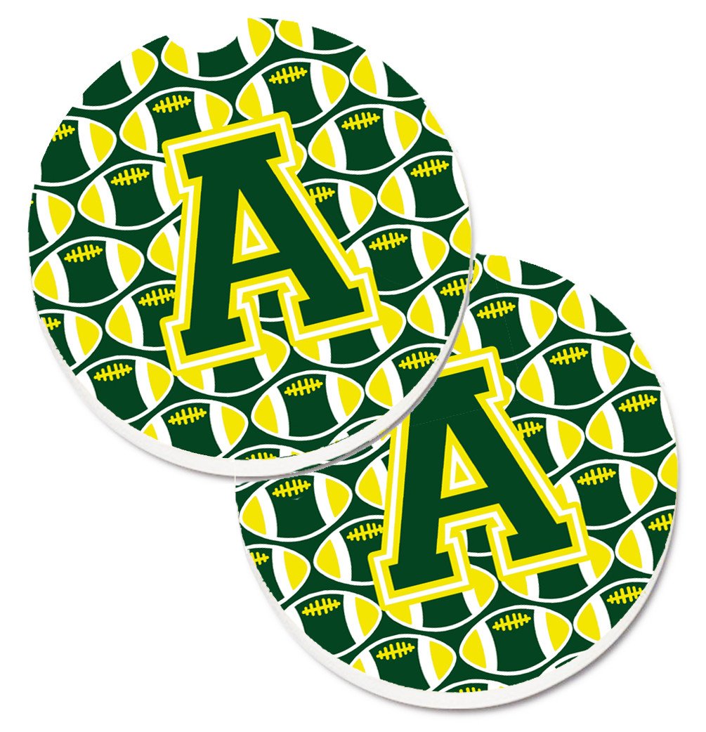 Letter A Football Green and Yellow Set of 2 Cup Holder Car Coasters CJ1075-ACARC by Caroline&#39;s Treasures