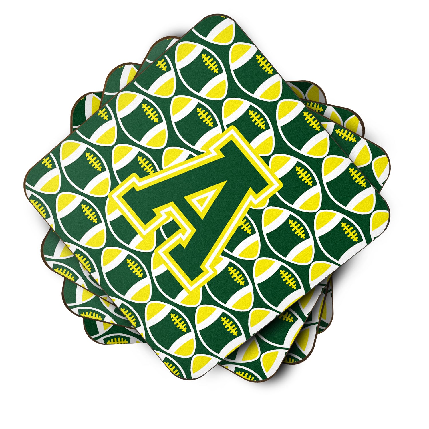 Letter A Football Green and Yellow Foam Coaster Set of 4 CJ1075-AFC - the-store.com