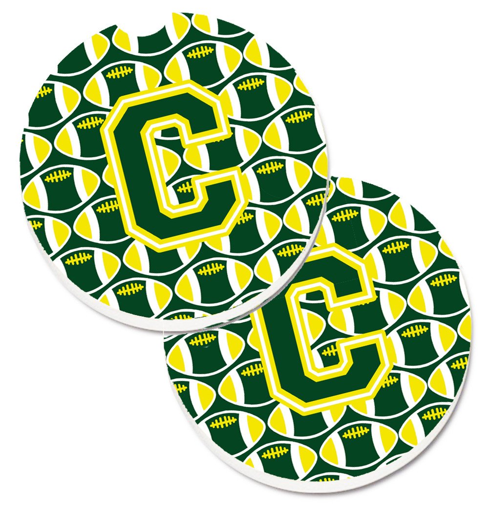 Letter C Football Green and Yellow Set of 2 Cup Holder Car Coasters CJ1075-CCARC by Caroline&#39;s Treasures