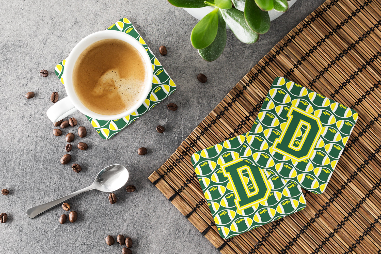 Letter D Football Green and Yellow Foam Coaster Set of 4 CJ1075-DFC - the-store.com