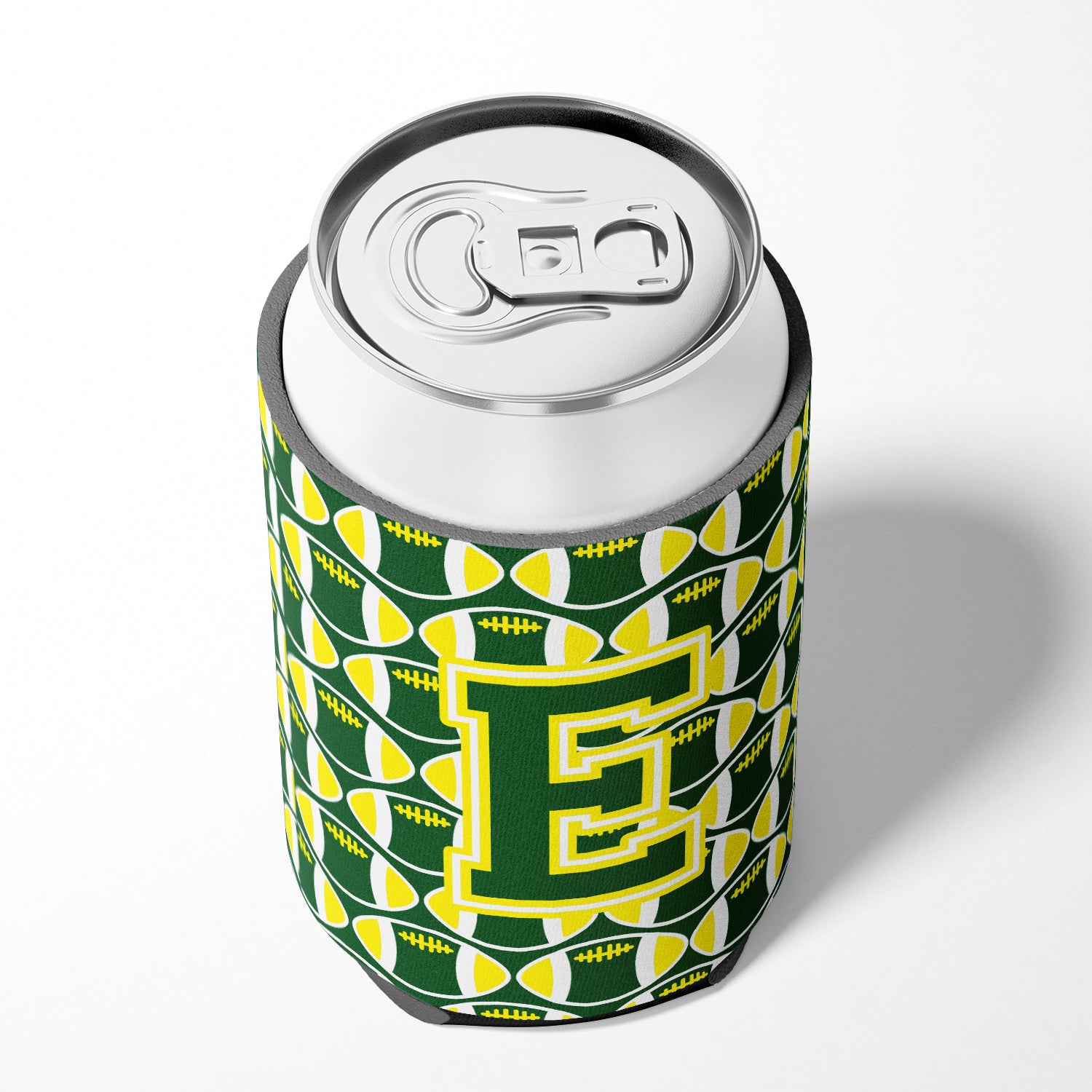 Letter E Football Green and Yellow Can or Bottle Hugger CJ1075-ECC.