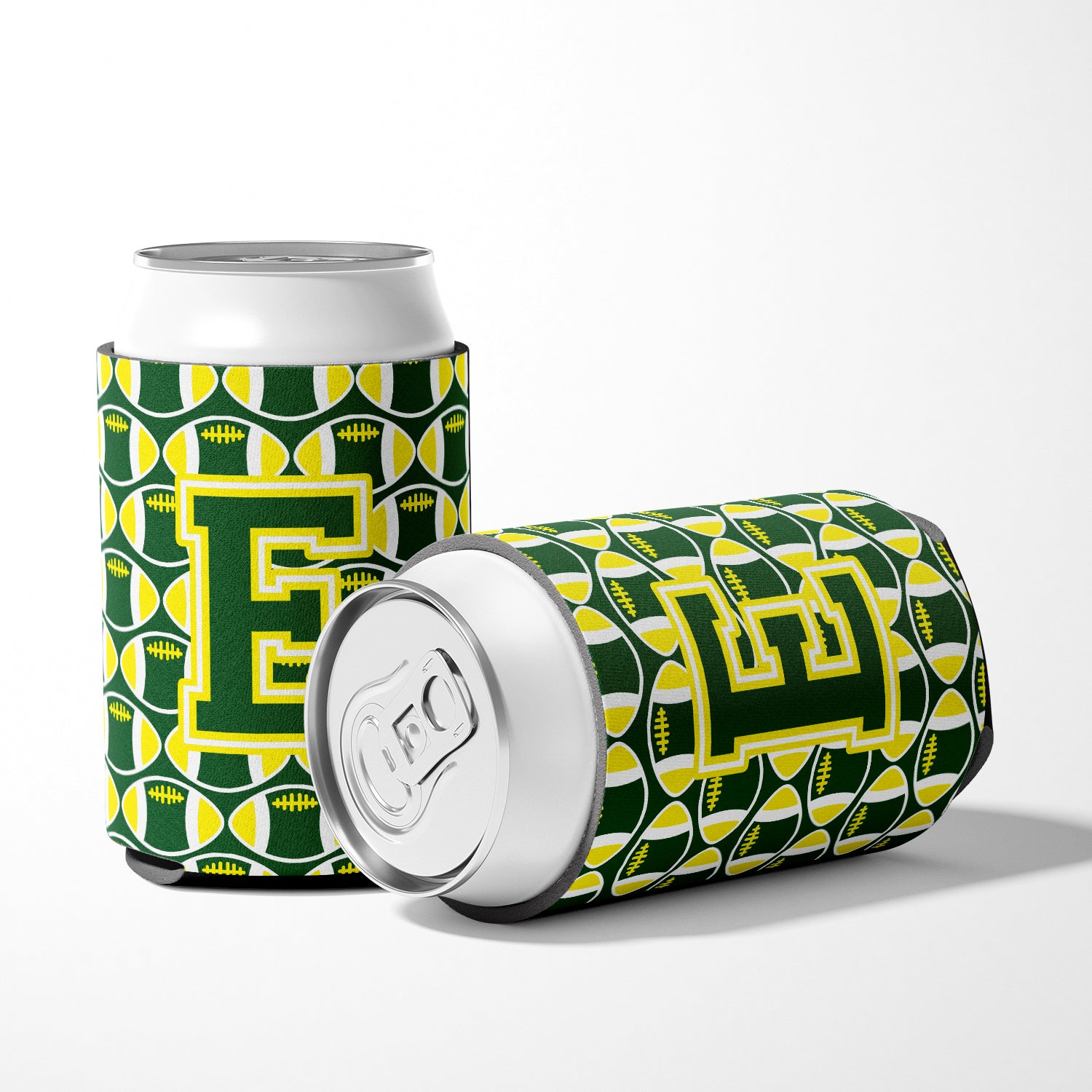 Letter E Football Green and Yellow Can or Bottle Hugger CJ1075-ECC.