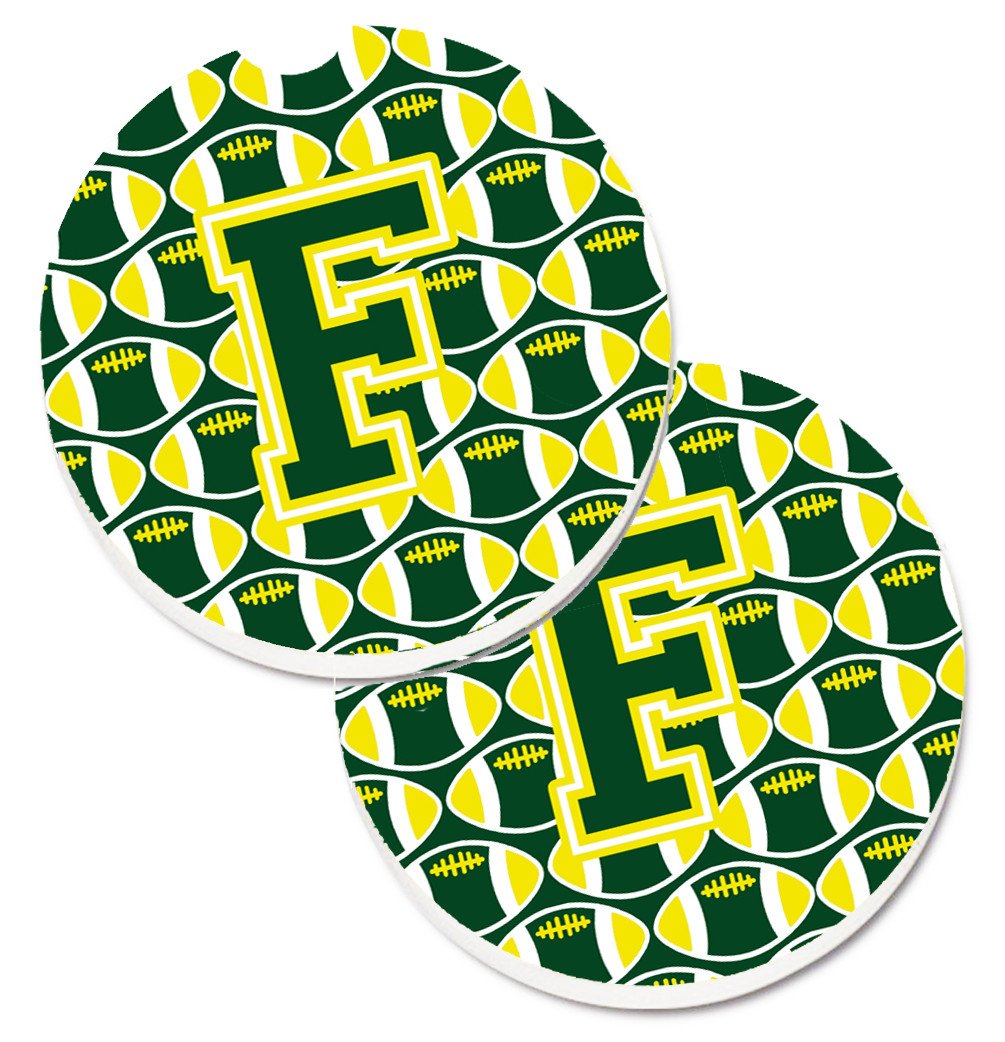 Letter F Football Green and Yellow Set of 2 Cup Holder Car Coasters CJ1075-FCARC by Caroline&#39;s Treasures