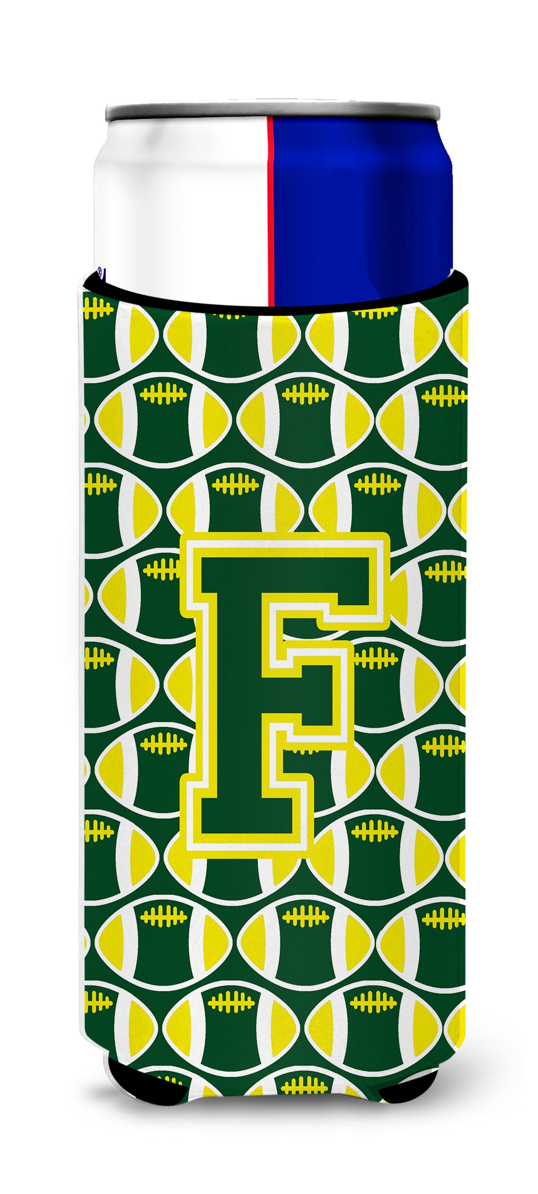 Letter F Football Green and Yellow Ultra Beverage Insulators for slim cans CJ1075-FMUK.