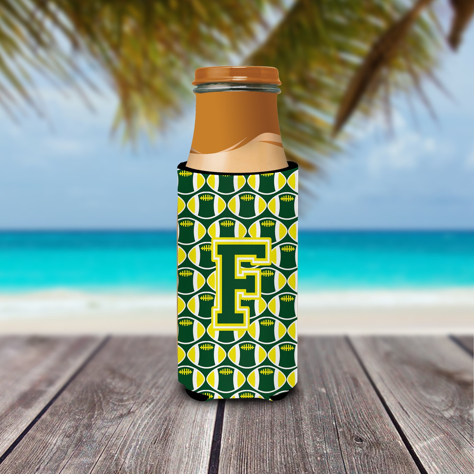 Letter F Football Green and Yellow Ultra Beverage Insulators for slim cans CJ1075-FMUK.