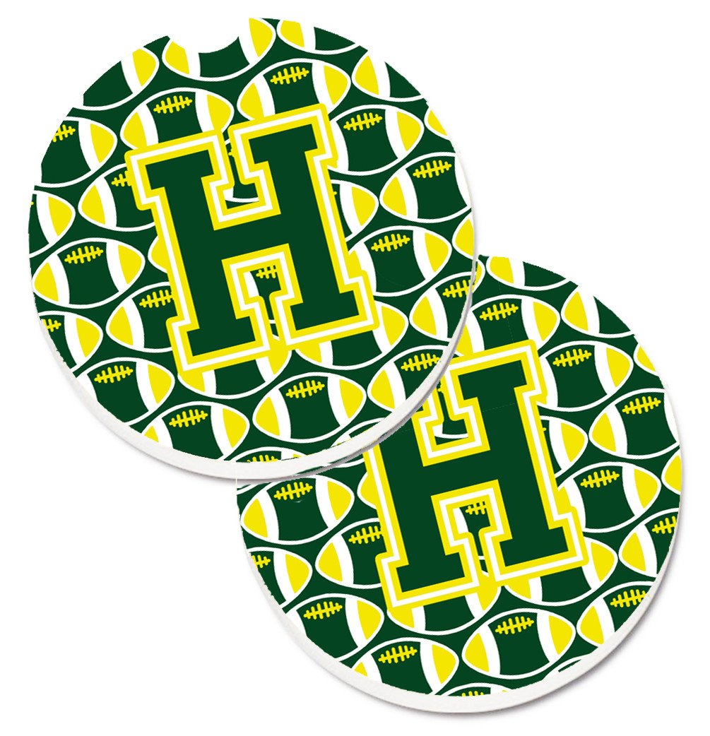 Letter H Football Green and Yellow Set of 2 Cup Holder Car Coasters CJ1075-HCARC by Caroline&#39;s Treasures