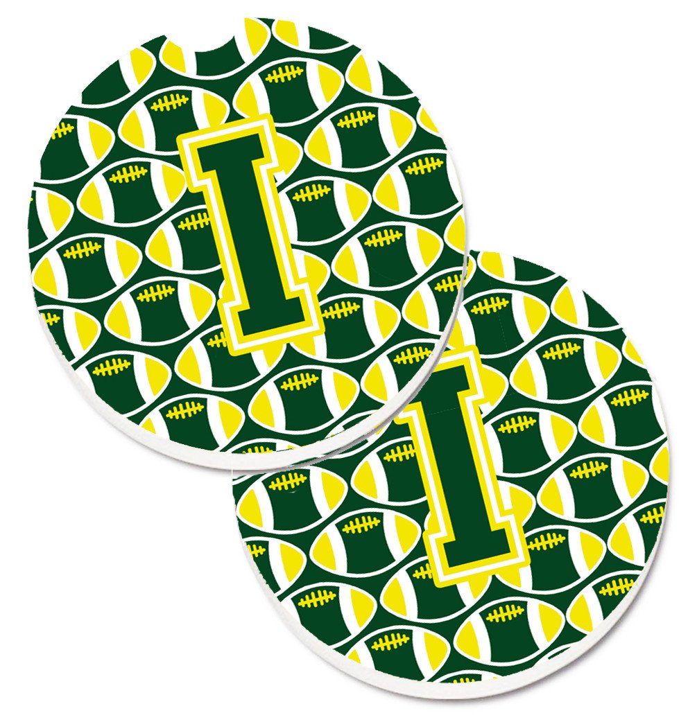 Letter I Football Green and Yellow Set of 2 Cup Holder Car Coasters CJ1075-ICARC by Caroline&#39;s Treasures