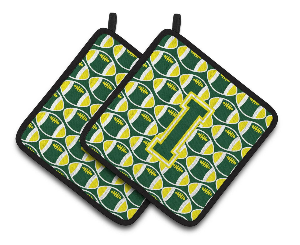 Letter I Football Green and Yellow Pair of Pot Holders CJ1075-IPTHD - the-store.com