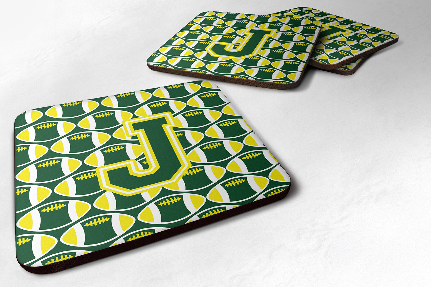 Letter J Football Green and Yellow Foam Coaster Set of 4 CJ1075-JFC - the-store.com
