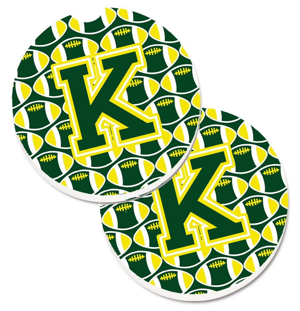 Letter K Football Green and Yellow Set of 2 Cup Holder Car Coasters CJ1075-KCARC by Caroline&#39;s Treasures