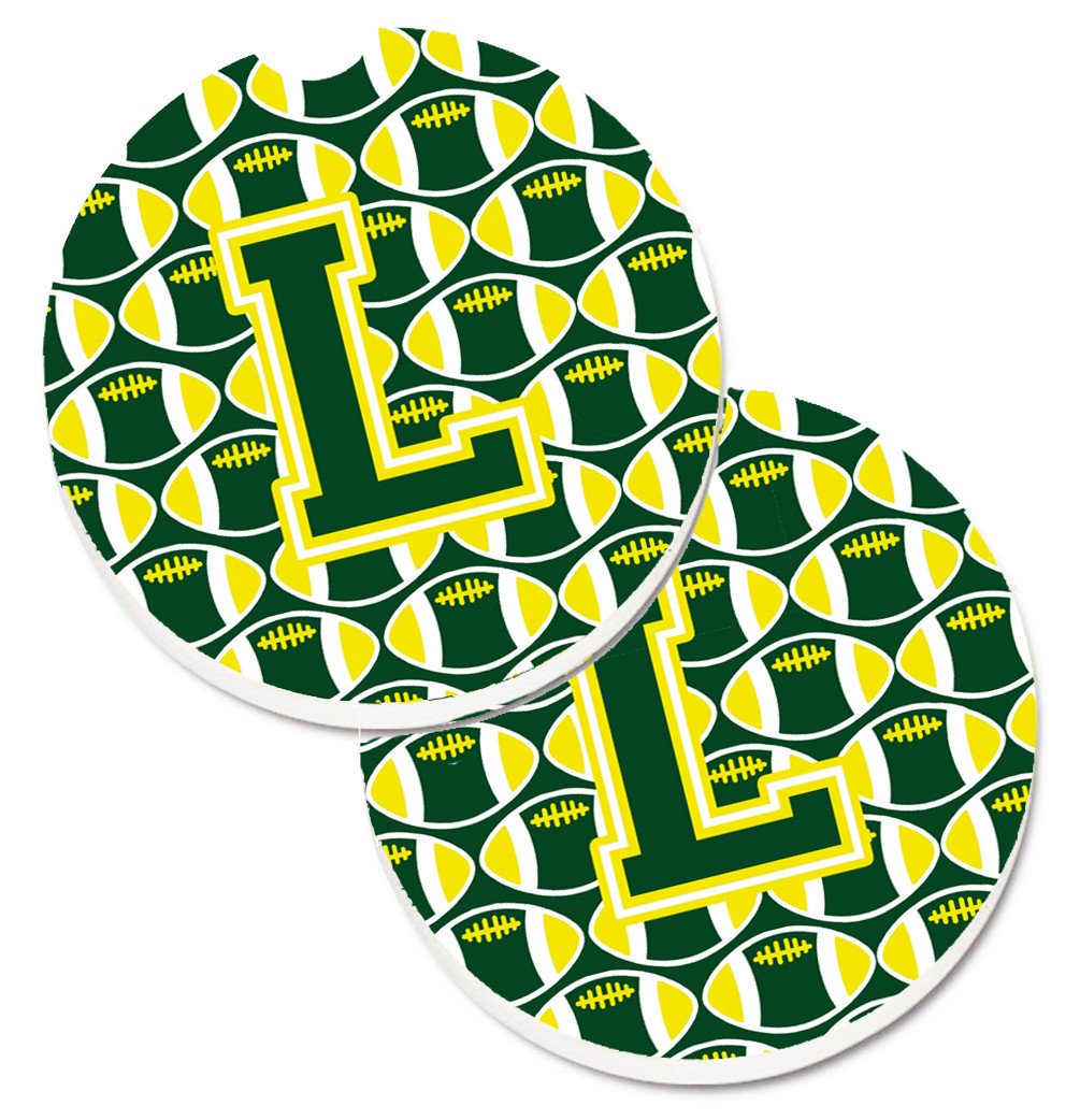 Letter L Football Green and Yellow Set of 2 Cup Holder Car Coasters CJ1075-LCARC by Caroline&#39;s Treasures