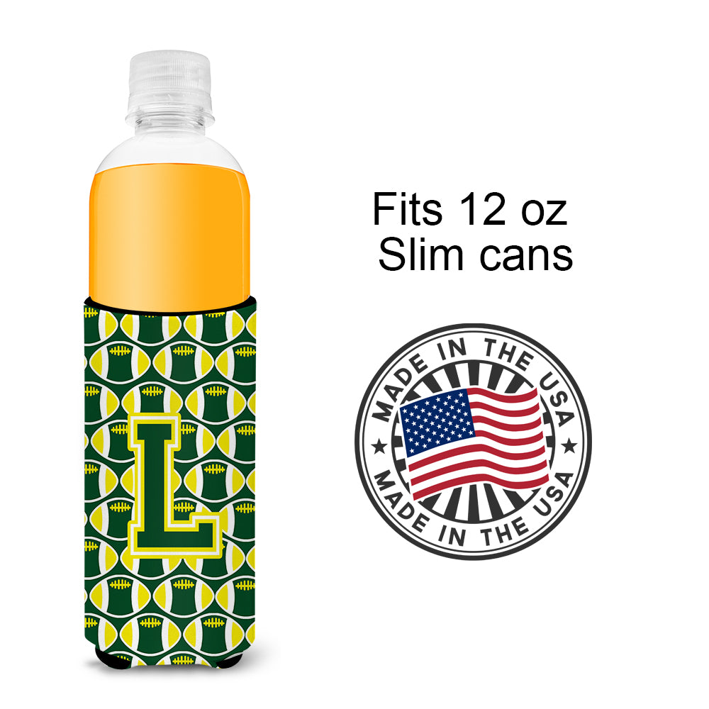 Letter L Football Green and Yellow Ultra Beverage Insulators for slim cans CJ1075-LMUK.