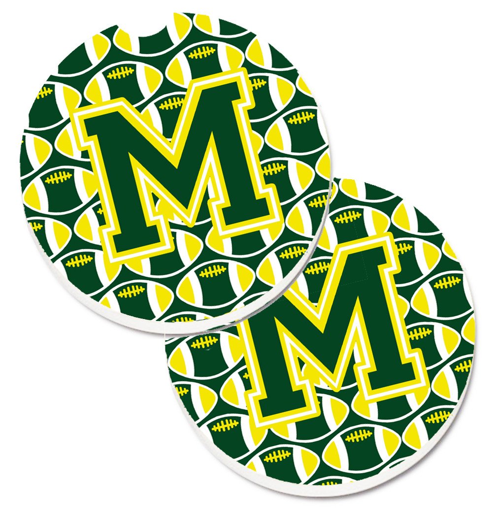 Letter M Football Green and Yellow Set of 2 Cup Holder Car Coasters CJ1075-MCARC by Caroline&#39;s Treasures