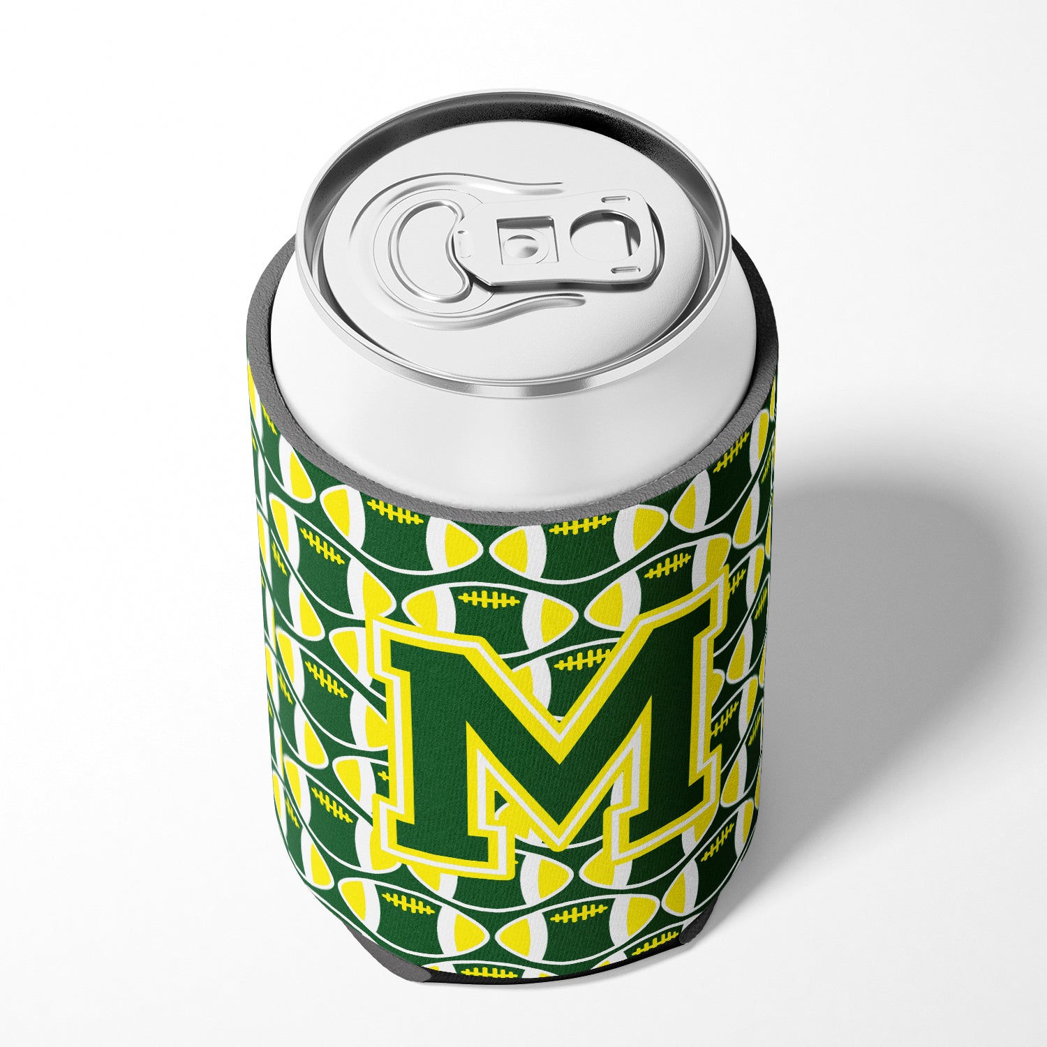 Letter M Football Green and Yellow Can or Bottle Hugger CJ1075-MCC.