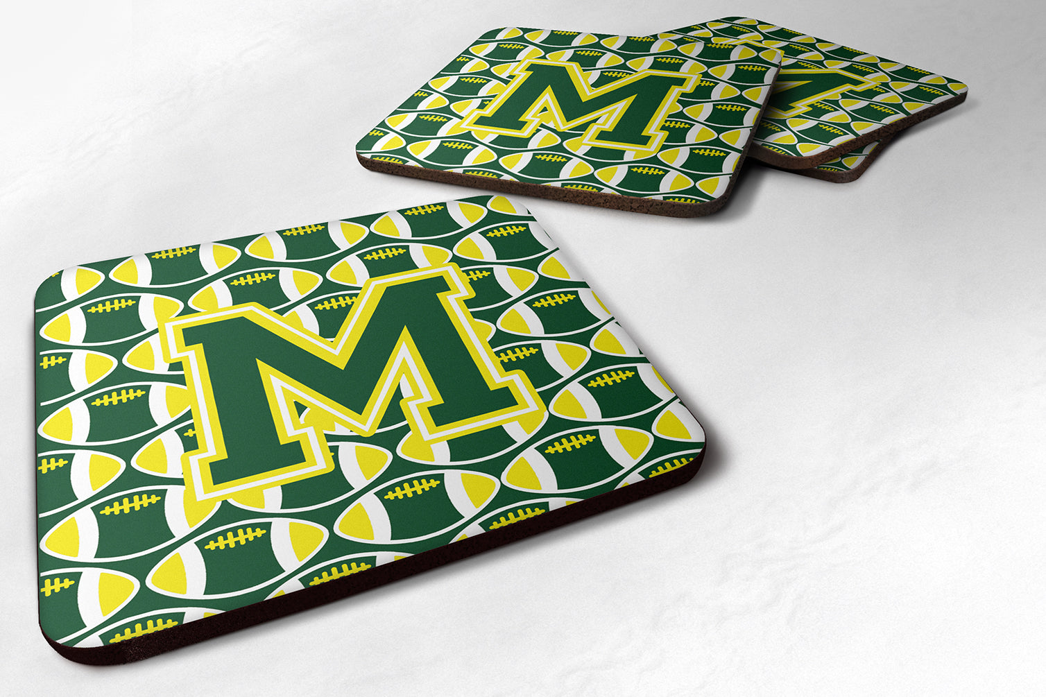 Letter M Football Green and Yellow Foam Coaster Set of 4 CJ1075-MFC - the-store.com