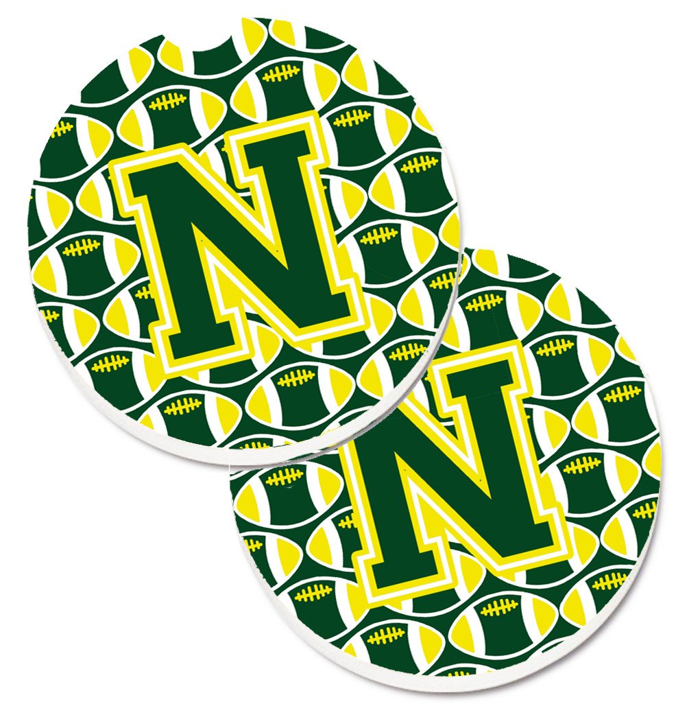 Letter N Football Green and Yellow Set of 2 Cup Holder Car Coasters CJ1075-NCARC by Caroline&#39;s Treasures