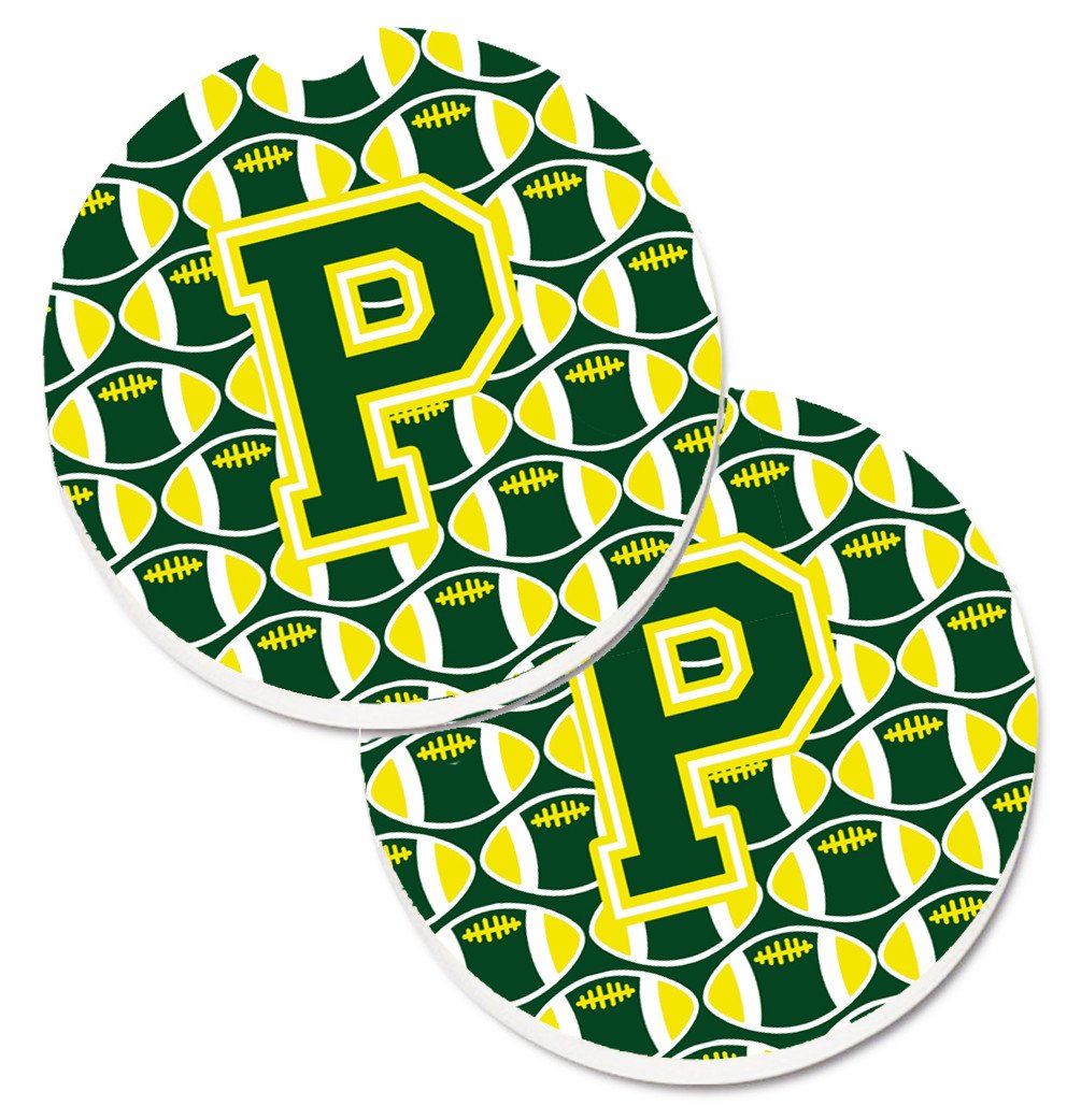Letter P Football Green and Yellow Set of 2 Cup Holder Car Coasters CJ1075-PCARC by Caroline's Treasures