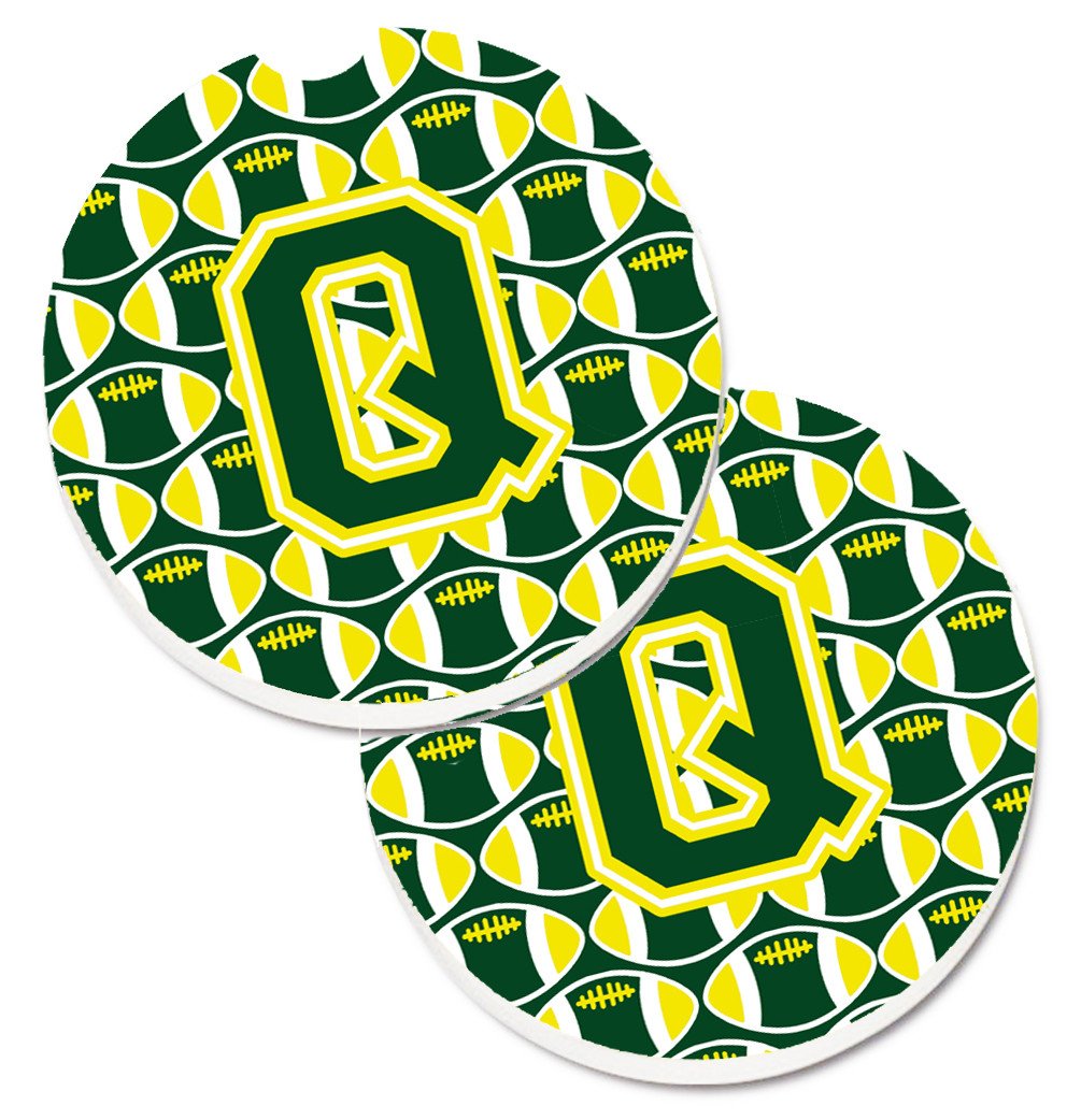 Letter Q Football Green and Yellow Set of 2 Cup Holder Car Coasters CJ1075-QCARC by Caroline&#39;s Treasures