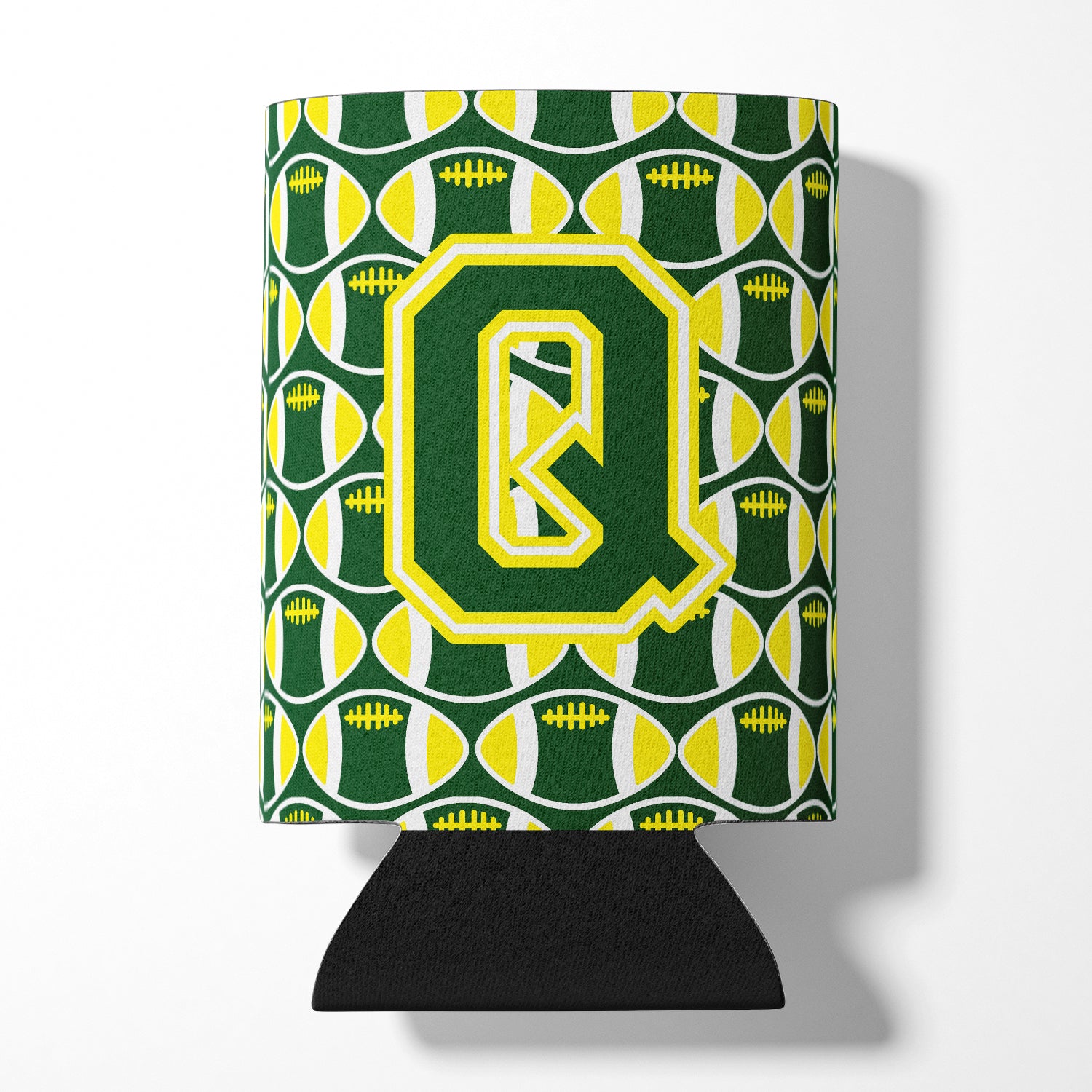 Lettre Q Football vert et jaune Porte-canette ou porte-bouteille CJ1075-QCC
