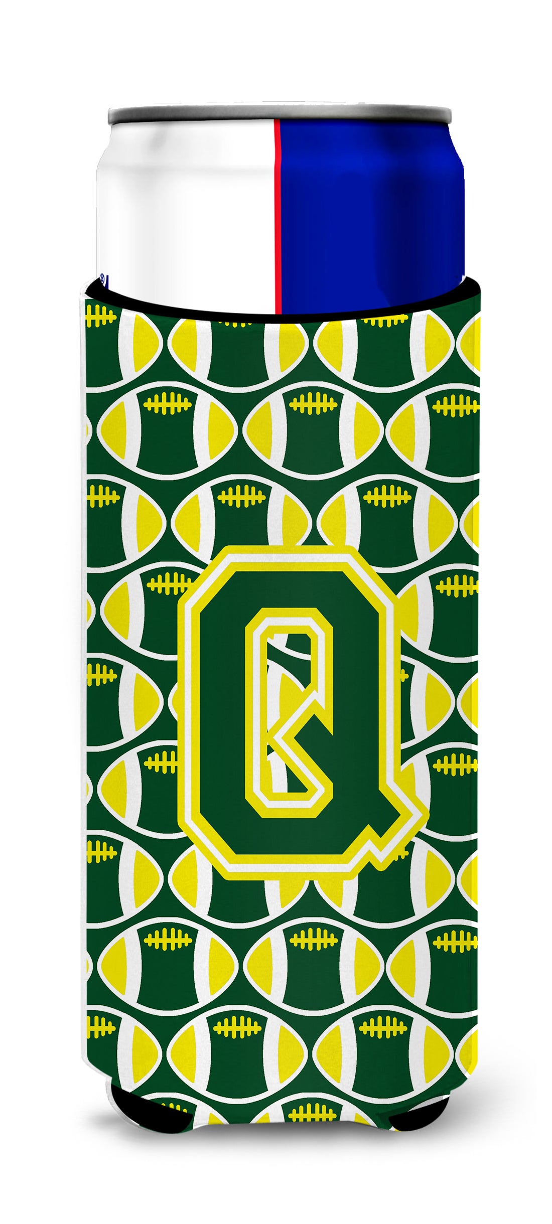 Letter Q Football Green and Yellow Ultra Beverage Insulators for slim cans CJ1075-QMUK.