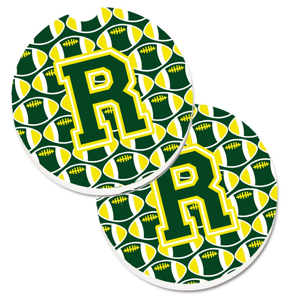 Letter R Football Green and Yellow Set of 2 Cup Holder Car Coasters CJ1075-RCARC by Caroline&#39;s Treasures