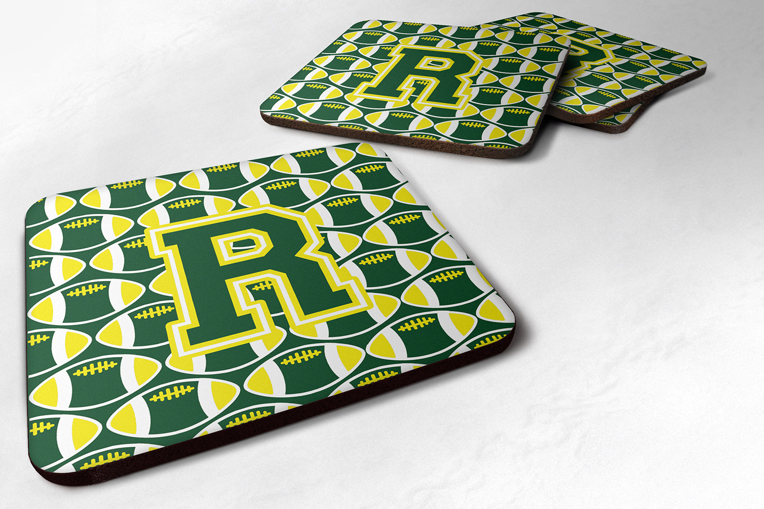 Letter R Football Green and Yellow Foam Coaster Set of 4 CJ1075-RFC - the-store.com