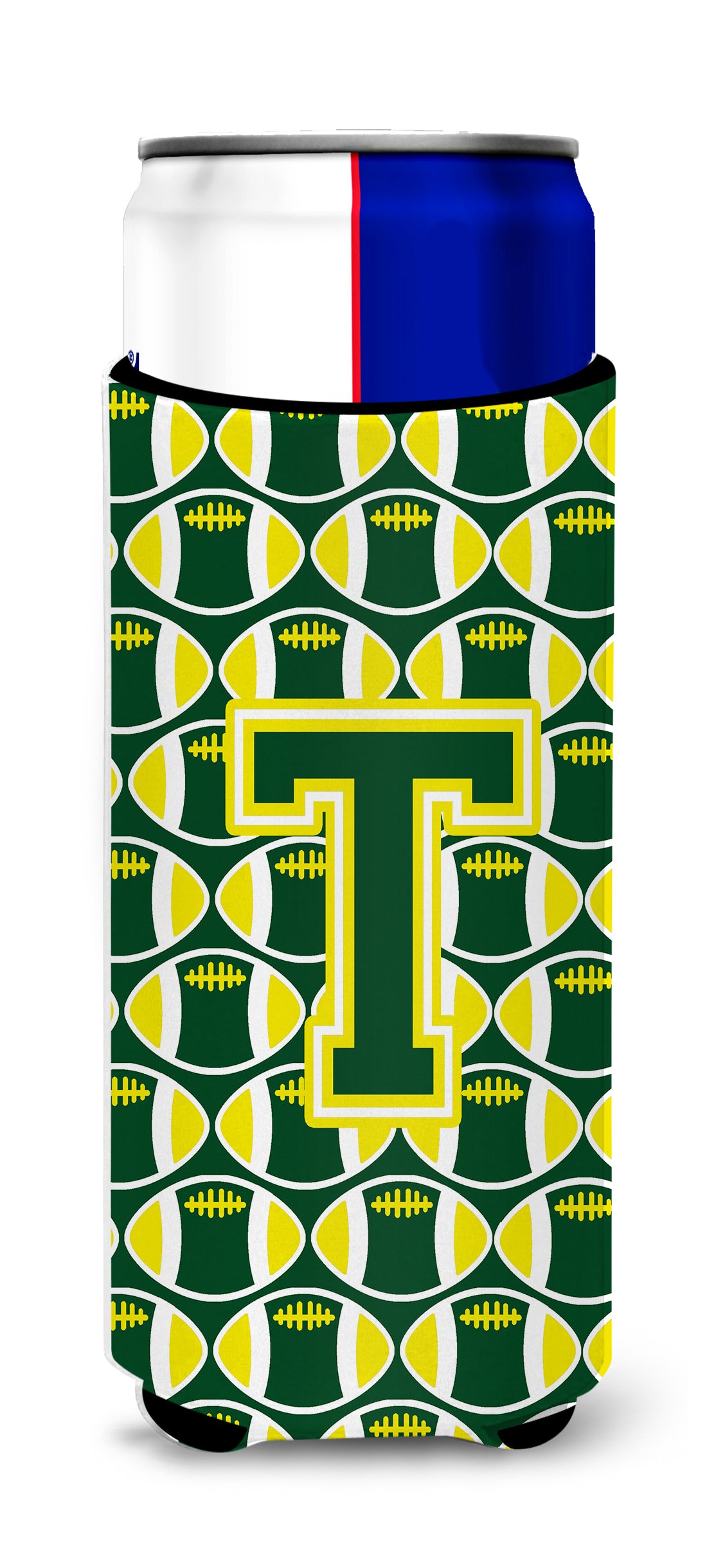 Letter T Football Green and Yellow Ultra Beverage Insulators for slim cans CJ1075-TMUK.