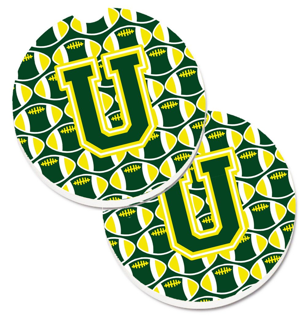 Letter U Football Green and Yellow Set of 2 Cup Holder Car Coasters CJ1075-UCARC by Caroline&#39;s Treasures