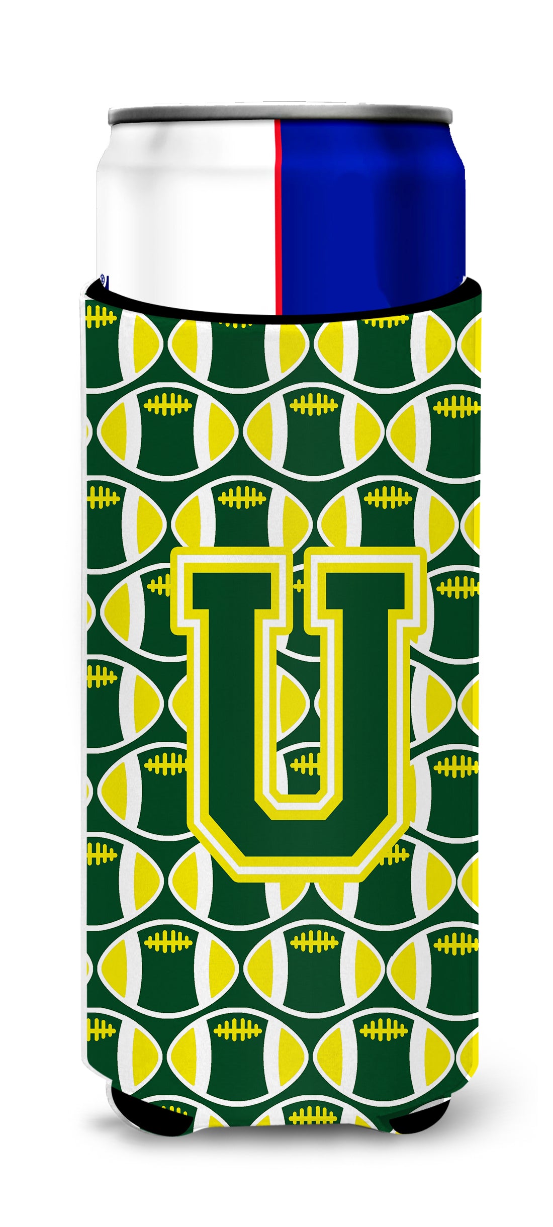 Letter U Football Green and Yellow Ultra Beverage Insulators for slim cans CJ1075-UMUK