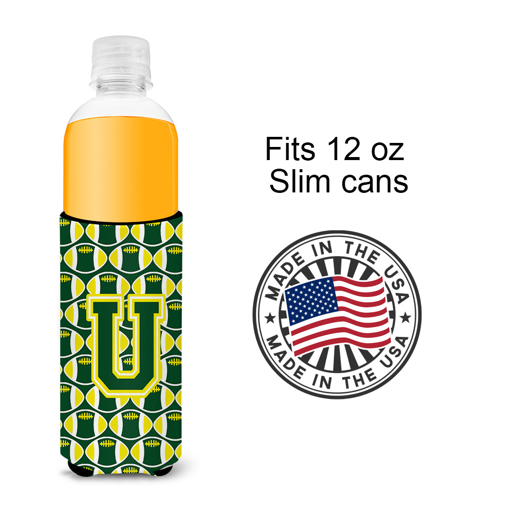 Letter U Football Green and Yellow Ultra Beverage Insulators for slim cans CJ1075-UMUK
