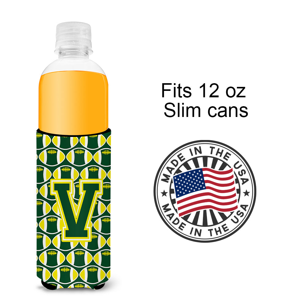 Letter V Football Green and Yellow Ultra Beverage Insulators for slim cans CJ1075-VMUK