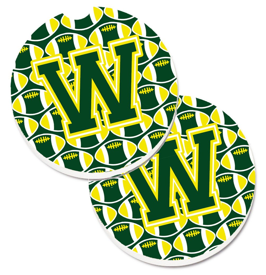 Letter W Football Green and Yellow Set of 2 Cup Holder Car Coasters CJ1075-WCARC by Caroline&#39;s Treasures
