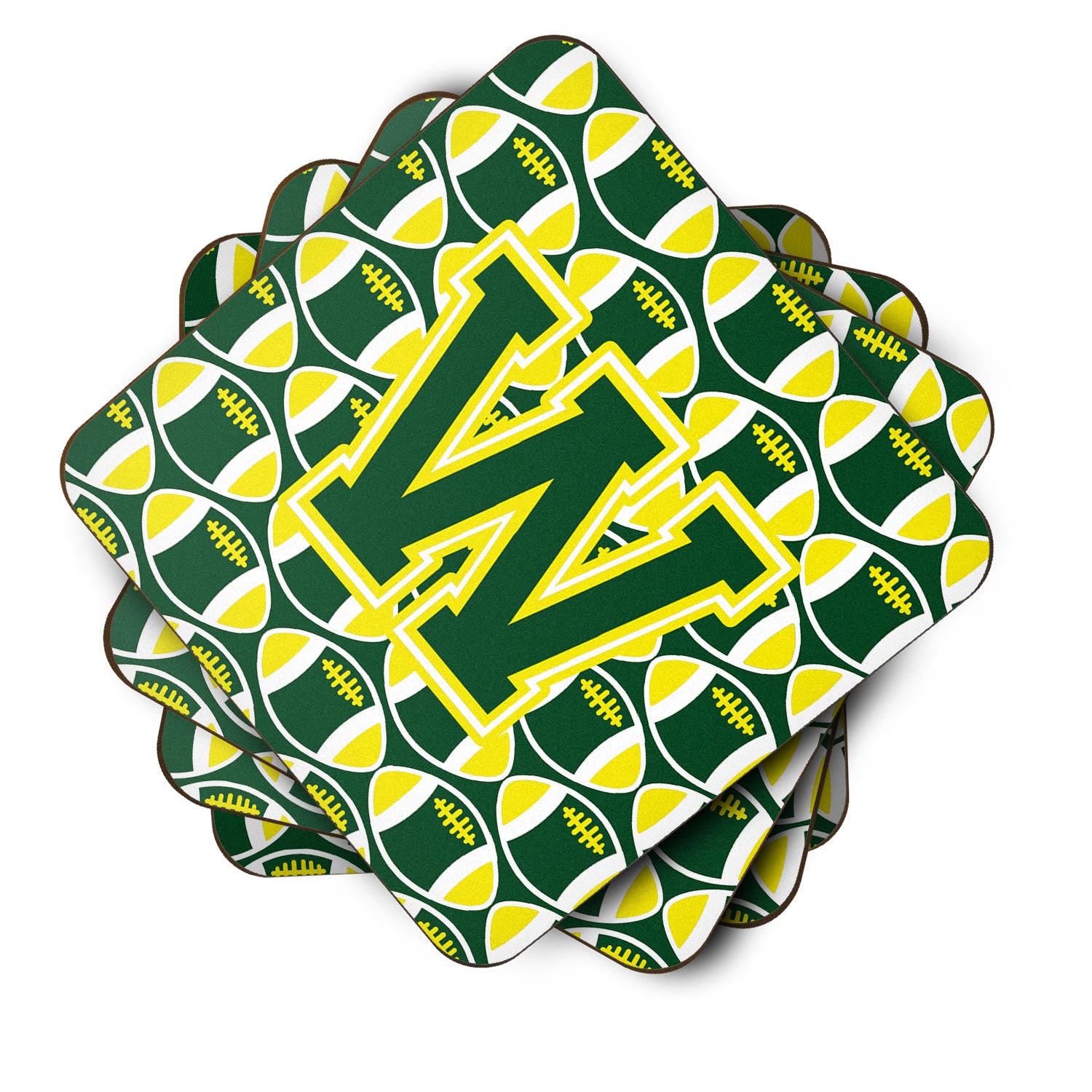 Letter W Football Green and Yellow Foam Coaster Set of 4 CJ1075-WFC - the-store.com