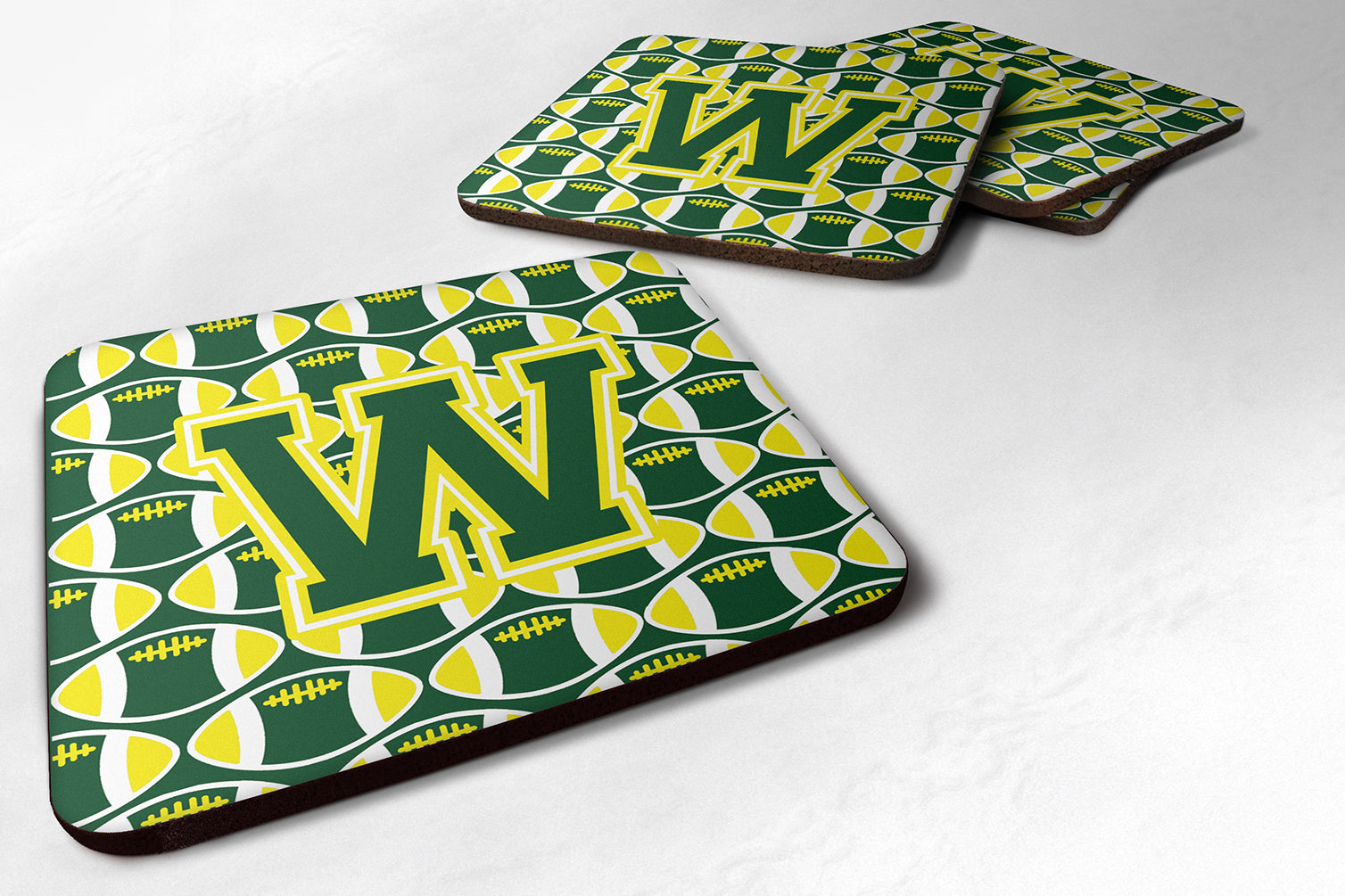 Letter W Football Green and Yellow Foam Coaster Set of 4 CJ1075-WFC - the-store.com