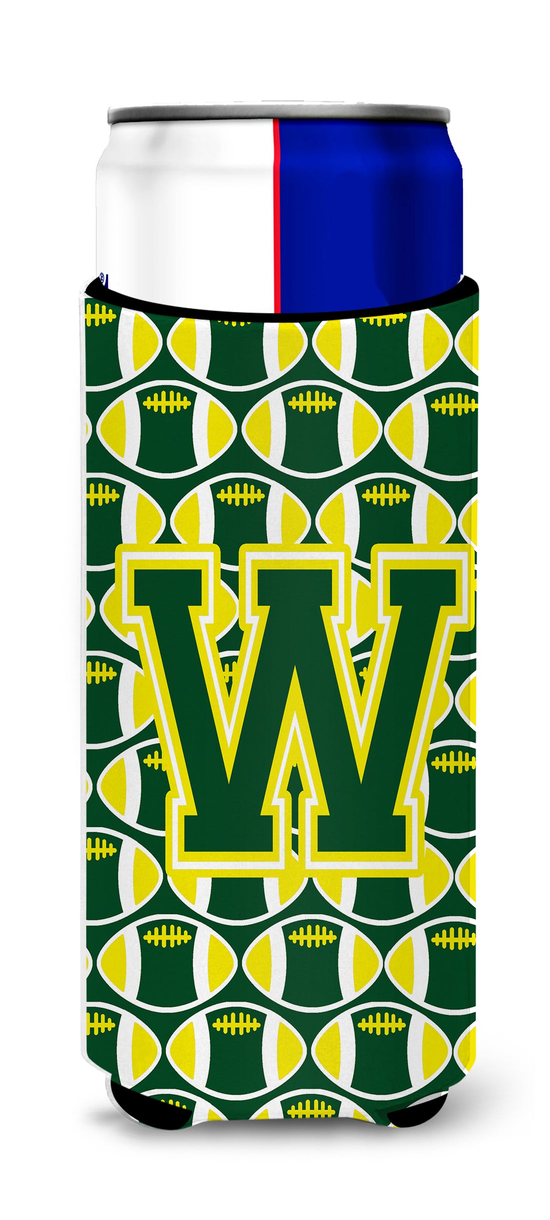 Letter W Football Green and Yellow Ultra Beverage Insulators for slim cans CJ1075-WMUK.