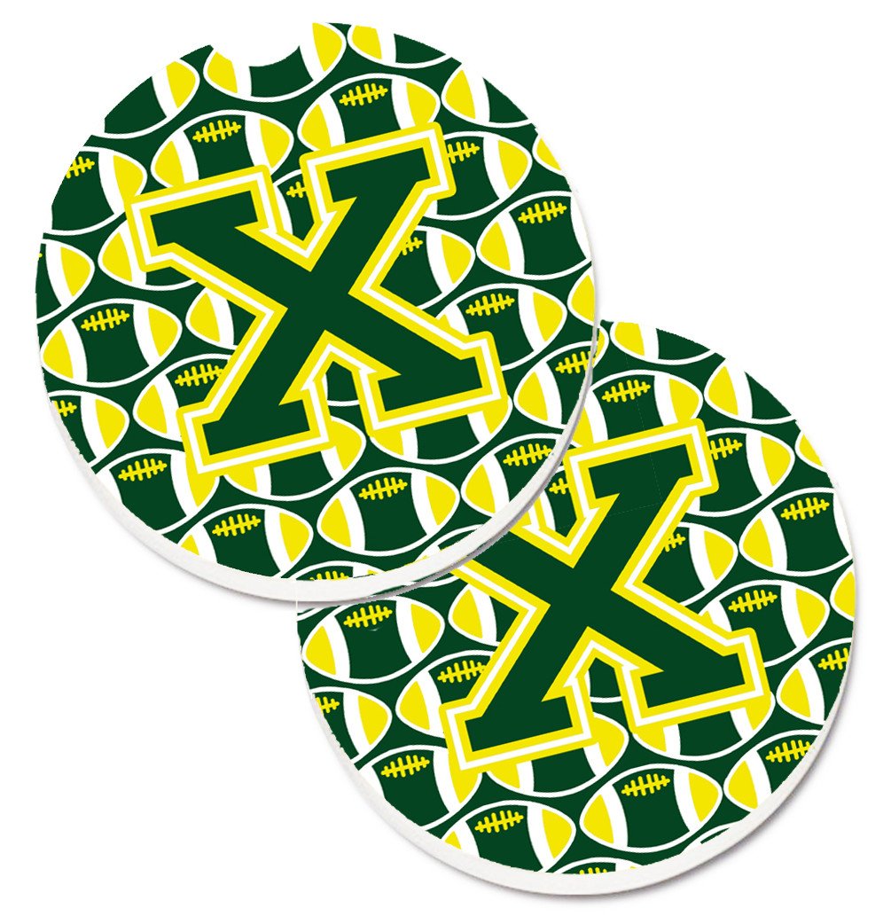 Letter X Football Green and Yellow Set of 2 Cup Holder Car Coasters CJ1075-XCARC by Caroline&#39;s Treasures