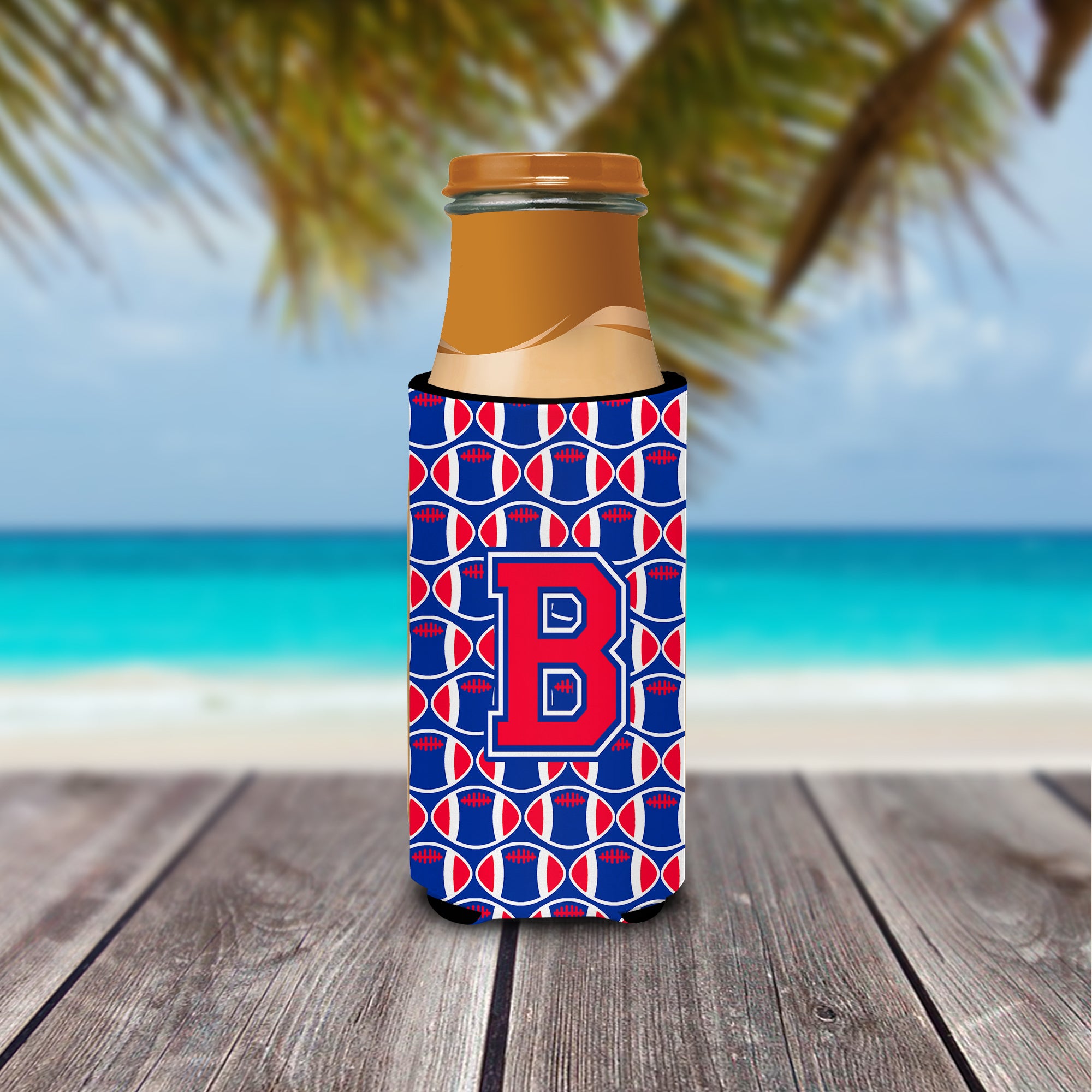 Letter B Football Crimson and Yale Blue Ultra Beverage Insulators for slim cans CJ1076-BMUK.