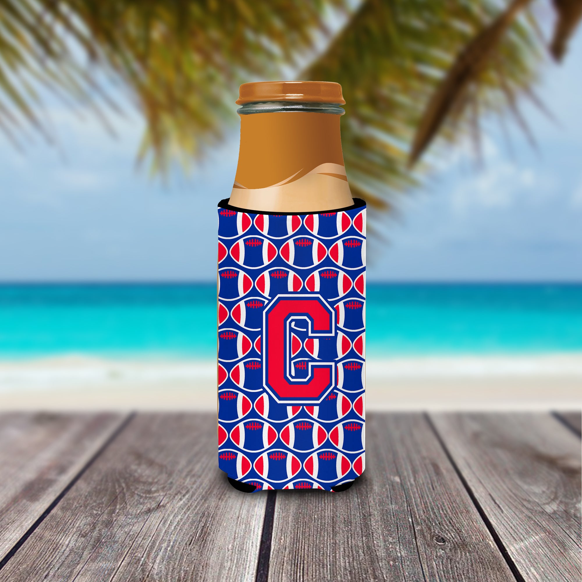 Letter C Football Crimson and Yale Blue Ultra Beverage Insulators for slim cans CJ1076-CMUK.