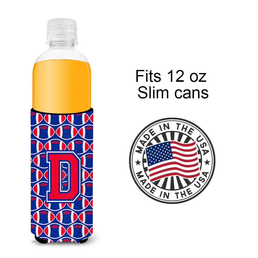 Letter D Football Crimson and Yale Blue Ultra Beverage Insulators for slim cans CJ1076-DMUK.