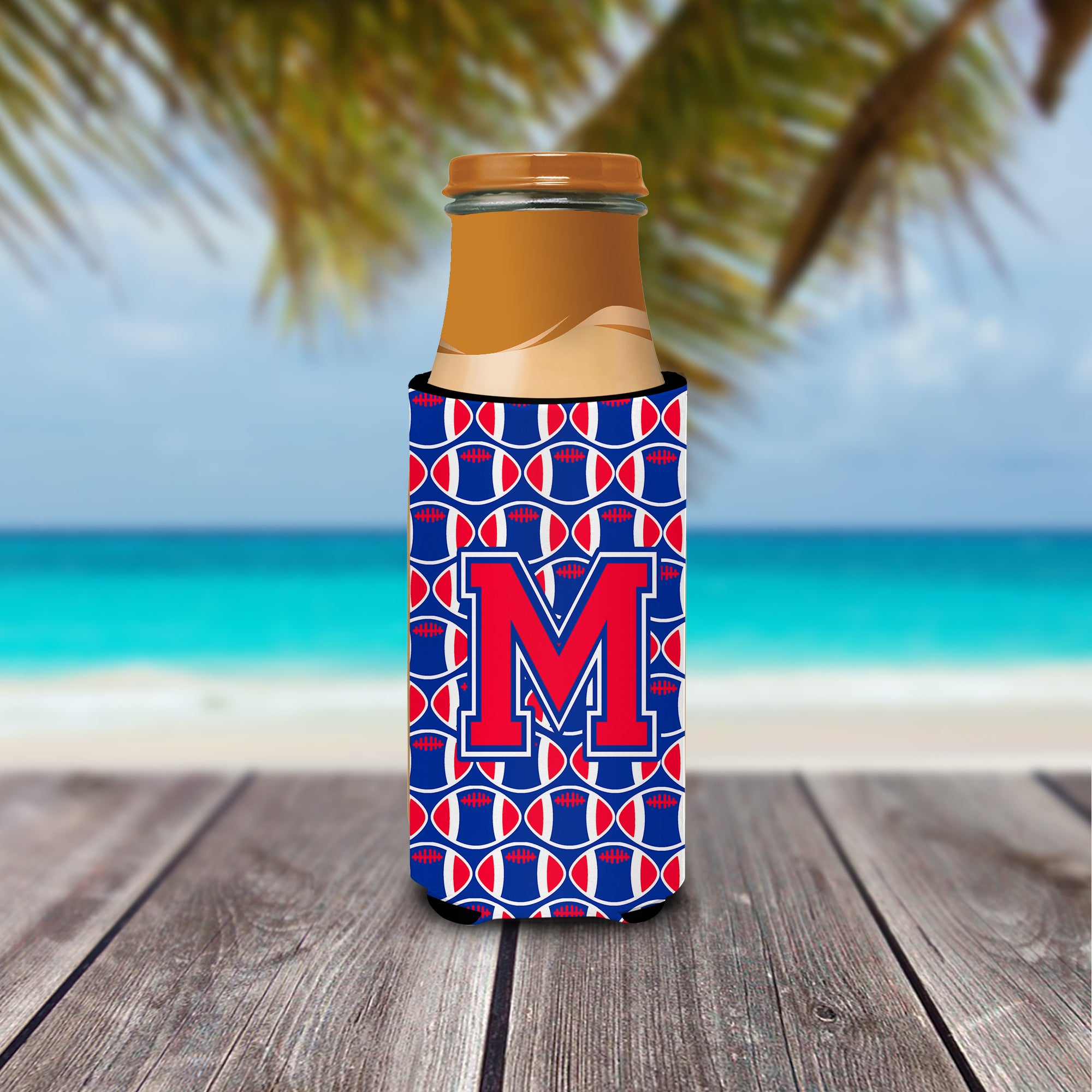 Letter M Football Crimson and Yale Blue Ultra Beverage Insulators for slim cans CJ1076-MMUK.