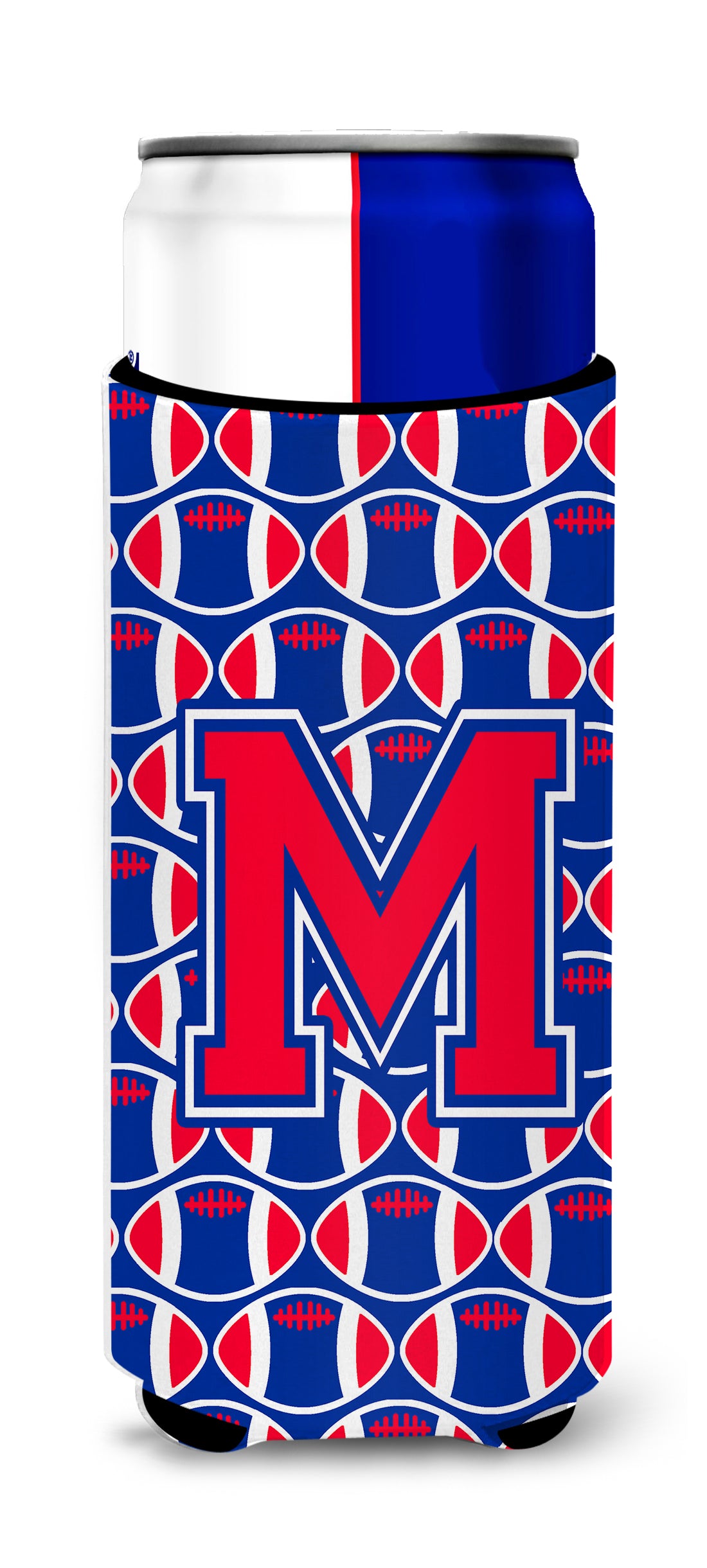 Letter M Football Crimson and Yale Blue Ultra Beverage Insulators for slim cans CJ1076-MMUK.