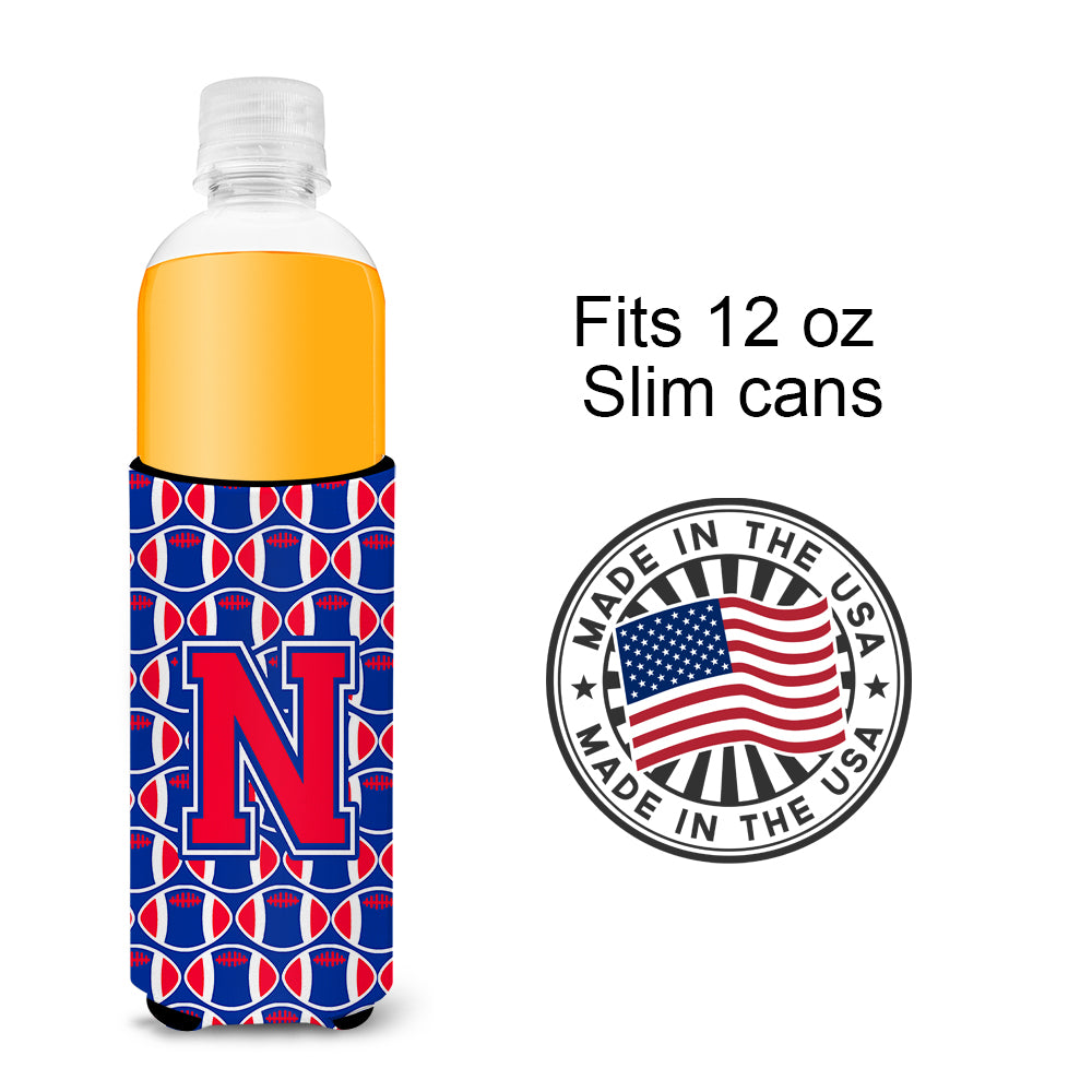 Letter N Football Crimson and Yale Blue Ultra Beverage Insulators for slim cans CJ1076-NMUK.